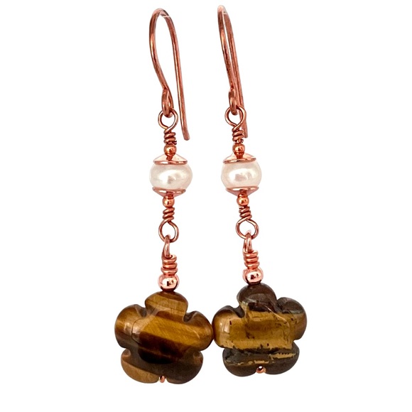 Artisan Jewelry - Tiger eye & Freshwater Pearl Wire Wrapped Dangle Earrings in Hand Forged Copper